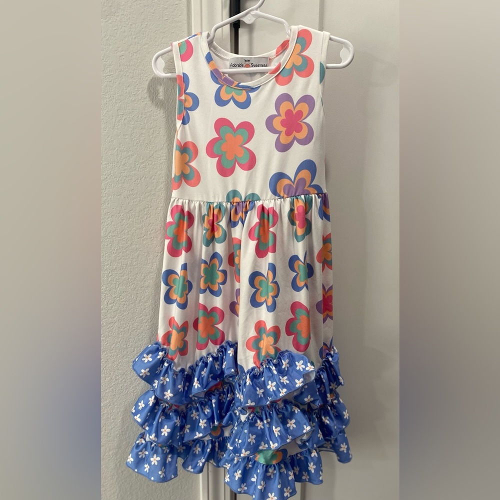Adorable Sweetness Floral Pink Orange Purple Sleeveless Dress Blue Ruffle 3/4 T